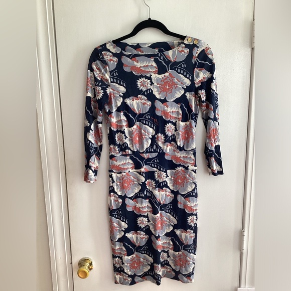 Tory Burch Womens Long Sleeve Dress Size S Navy and Grey Flowers Print - Picture 1 of 10